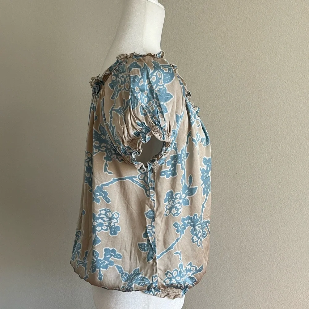 Joie Silk Blue Floral Blouse - Tan Base Size S - Picture 4 of 7